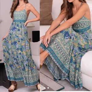 Lulus True Delights Green Multi Floral Print Tiered Maxi Dress S